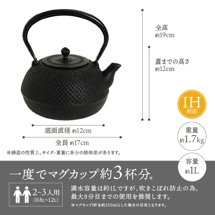 南部鉄器 鉄瓶 平成丸あられ 1.0L 【及富作】 IH調理器 伝統工芸品 やかん ケトル キッチン用品 食器 日用品 雑貨 [AK002]