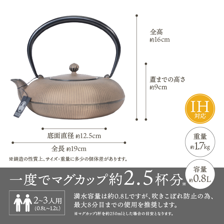 南部鉄器 鉄瓶 立目 ひさご色 0.8L 【及富作】 IH調理器 伝統工芸品 やかん ケトル キッチン用品 食器 日用品 雑貨 [AK025]