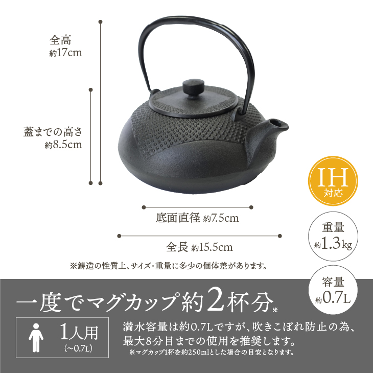 南部鉄器 鉄瓶 正方丸あられ 0.7L [AK041]