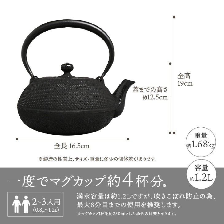 【ご注文頂いてから８カ月以内発送予定】【ふるさと納税】★南部鉄瓶 奥州市６年連続1位★ 南部鉄器 鉄瓶 姥口アラレ 1.2L 【及春鋳造所 作】 IH調理器 伝統工芸品 やかん ケトル キッチン用品 食器 日用品 雑貨 日本製 [Y0035]