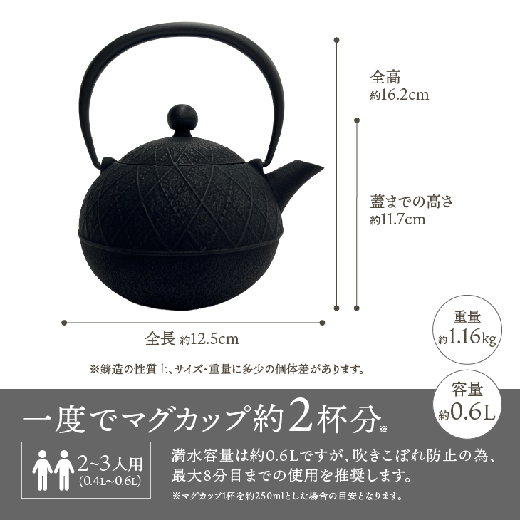 南部鉄器 急須 アーガイル（ブラック）0.6L【及春鋳造所 作】 [Y0113]