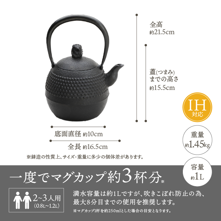 南部鉄器 鉄瓶 ハリネズミ(中) 1L【村上 怜 作】  [Y0125]