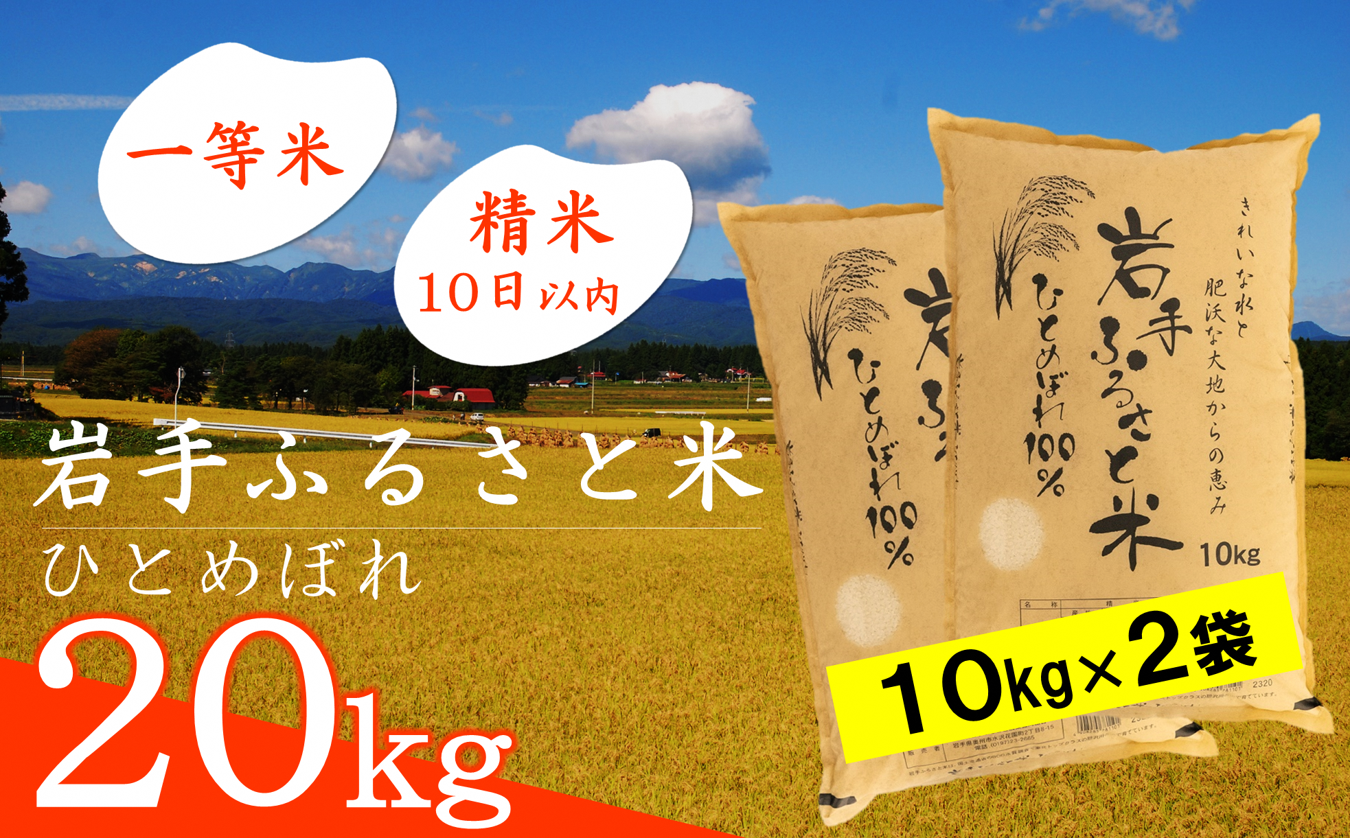 3人に1人がリピーター!米 20kg 令和6年産 一等米 東北有数のお米の産地/ 岩手県奥州市産ひとめぼれ 「岩手ふるさと米」 白米 計20kg(10kg×2)[配送時期に関する変更不可] [U0172]