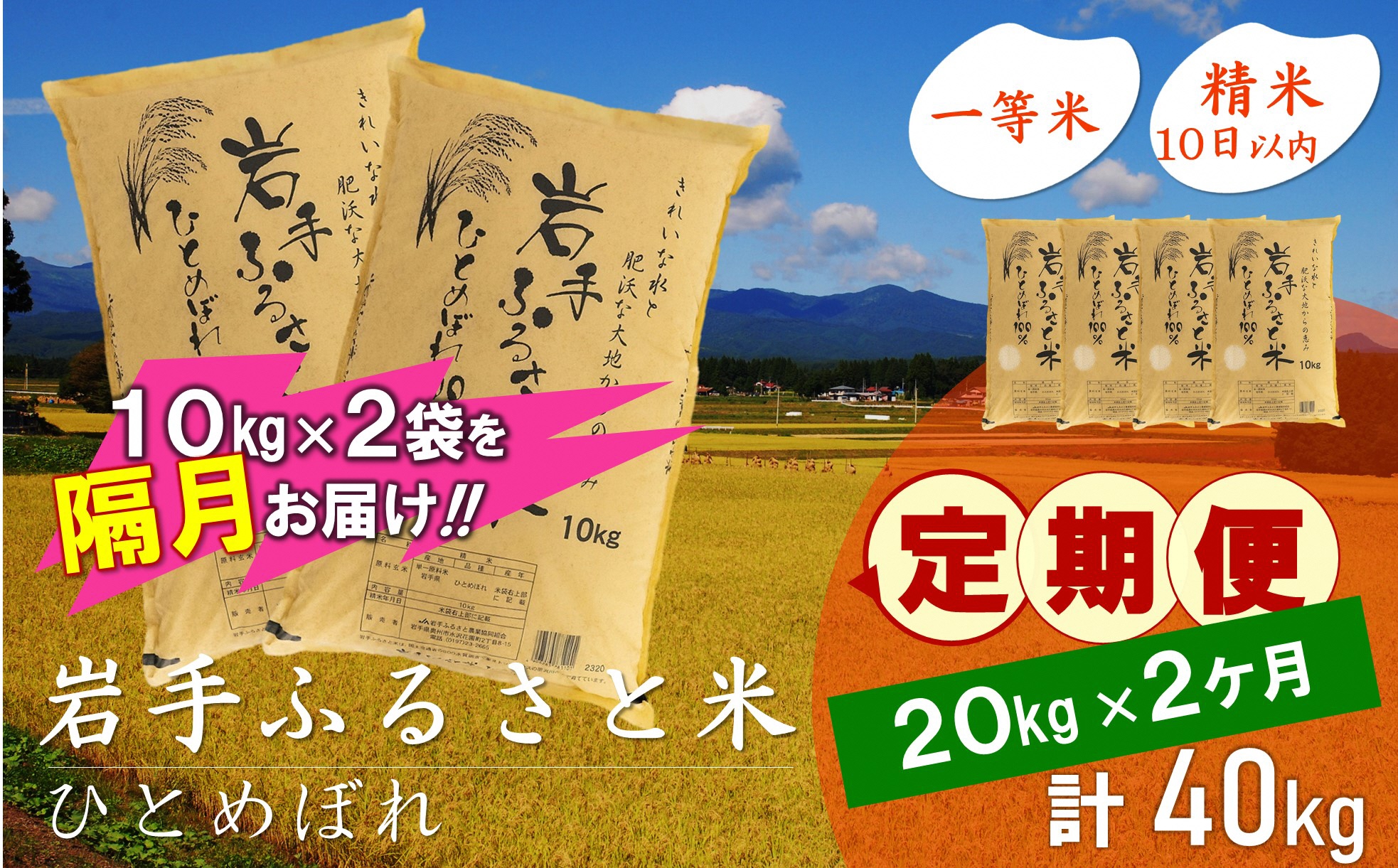 3人に1人がリピーター!☆2ヶ月ごとにお届け☆ 岩手ふるさと米 20kg(10kg×2)×2回 令和6年産 隔月定期便 一等米ひとめぼれ 東北有数のお米の産地 岩手県奥州市産[配送時期に関する変更不可] [U0178]