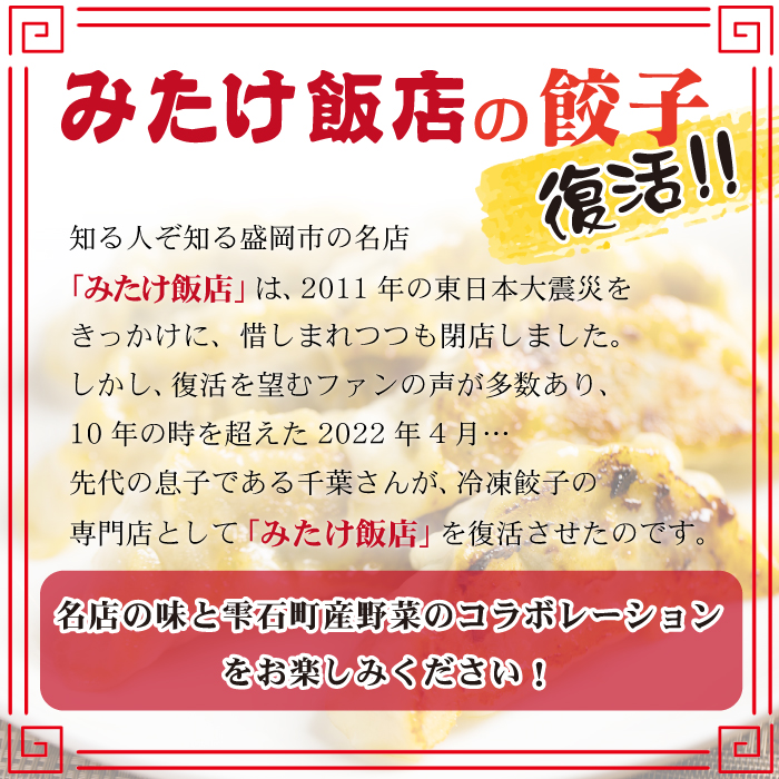 雫石町産野菜使用！冷凍生餃子 【肉餃子12個＋えび餃子9個】 ／ 餃子 ぎょうざ ギョウザ ギョーザ 中華惣菜 【みたけ飯店の餃子】