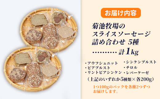岩手町「菊池牧場のスライスソーセージ」詰め合わせ1kg ソーセージ 5種 添加物不使用 牛肉 豚肉 セット おかず つまみ ギフト 贈り物 お中元 お歳暮 肉 お肉 冷凍 岩手県 岩手町 菊池牧場 ５種類×各2パック（1kg）