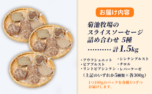 岩手町「菊池牧場のスライスソーセージ」詰め合わせ1.5kg ソーセージ 5種 添加物不使用 牛肉 豚肉 セット おかず つまみ ギフト 贈り物 お中元 お歳暮 肉 お肉 冷凍 岩手県 岩手町 菊池牧場 ５種類×各3パック（1.5kg）
