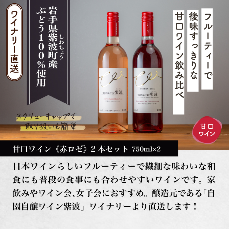 甘口ワイン赤ロゼ2本セット (AL100) ワイン 甘口 赤 ロゼ ブドウ 国産ワイン 自園自醸ワイン 日本ワイン 紫波町
