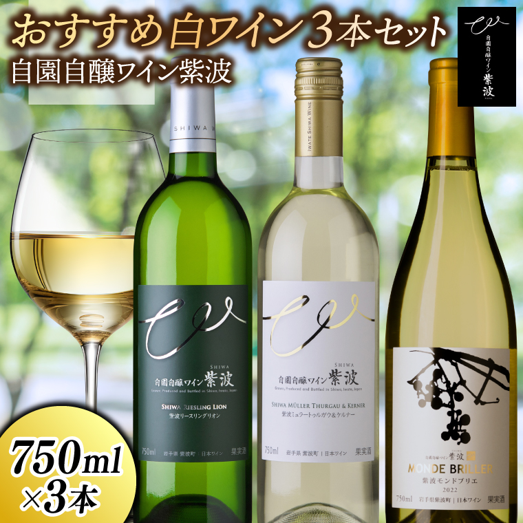 おすすめ白ワイン３本セット【モンドブリエ・リースリングリオン・ミュラートゥルガウ＆ケルナー】 (AL087) ワイン やや辛口 やや甘口 白 ブドウ 国産ワイン 自園自醸ワイン 日本ワイン 紫波町