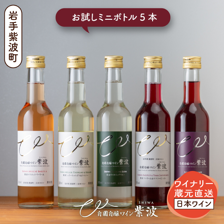 自園自醸ワイン紫波 ミニボトル飲み比べ5本セット (AL104) ワイン 甘口 辛口 赤 白 ロゼ ブドウ ミニボトル 国産ワイン 自園自醸ワイン 日本ワイン 紫波町