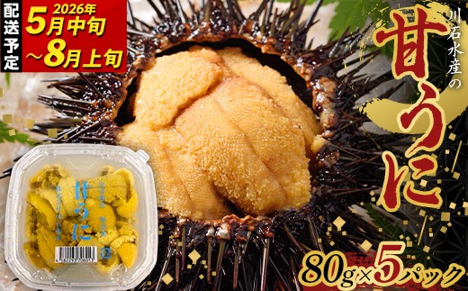 【2026年先行予約】ウニのミニパック 川石水産 甘うに 80g×5パック 生ウニ 無添加ウニ うに丼 おつまみ キタムラサキウニ【令和8年5月中旬~8月上旬配送予定】【配送日指定不可】【沖縄・離島配送不可】  YD-914