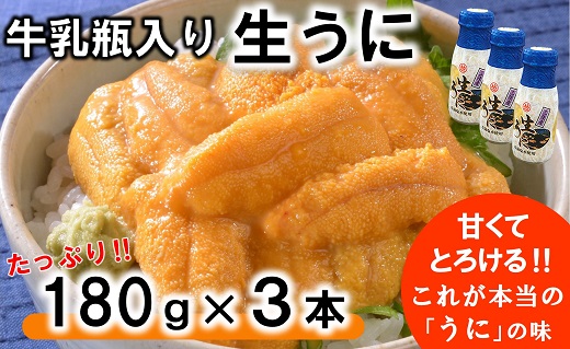 【令和8年発送】 【先行予約】 牛乳瓶入り 生うに 180g×３本【ミョウバン不使用 無添加】 岩手県産 国産 三陸産 うに 塩水 うに瓶 雲丹