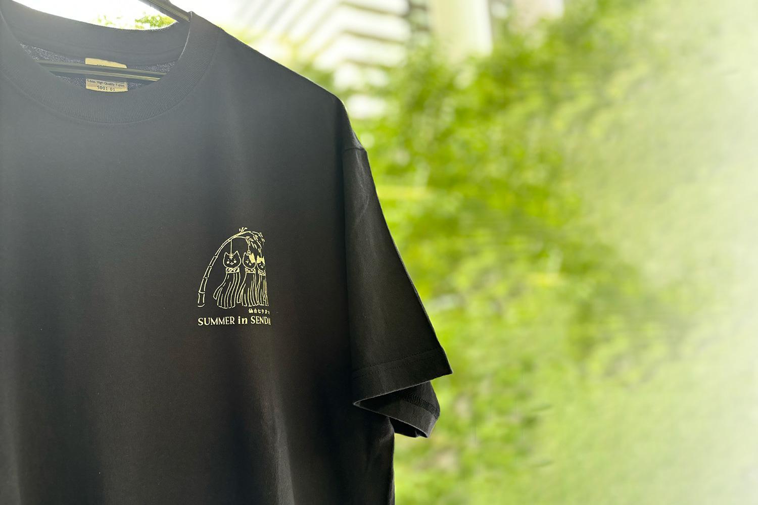 仙台・宮城の観光Tシャツ　「猫に七夕」Tシャツ　Mサイズ　［S-04］【お土産 観光 Tシャツ 宮城 仙台 七夕】