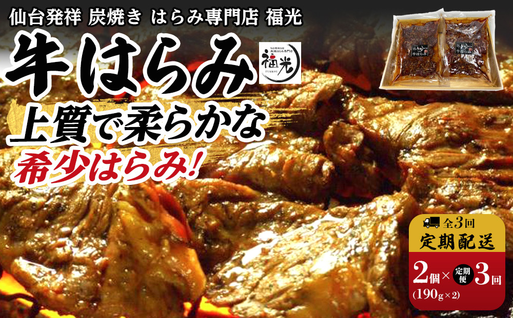 【3回定期便】仙台発祥炭焼きはらみ専門店　福光の牛はらみ190g×2個【お肉 牛肉 上質 希少柔らか お肉 にく 食品 仙台 人気 おすすめ  ギフト】