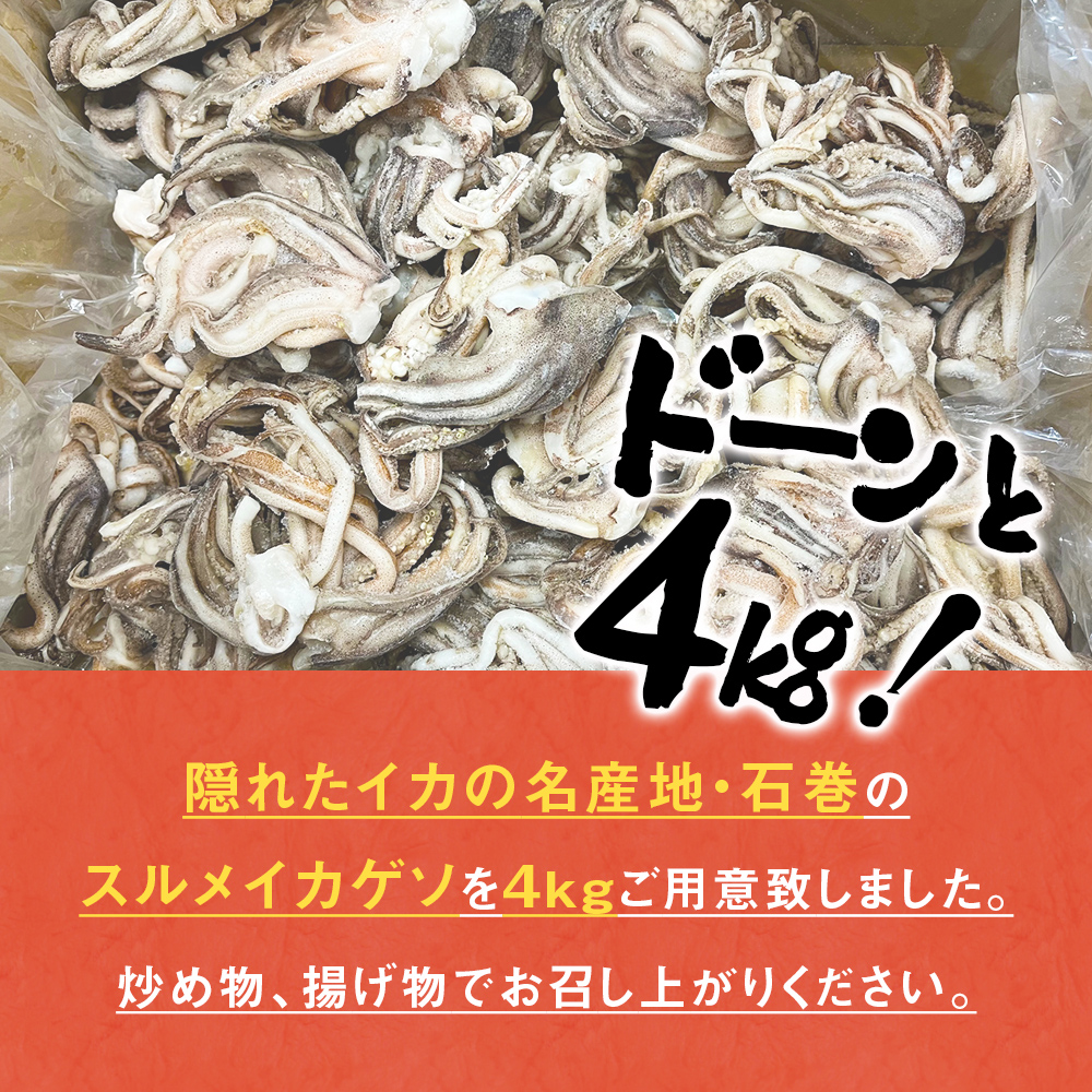 訳あり 石巻産スルメイカゲソ 4kg 8月配送 冷凍 国産 いか 下