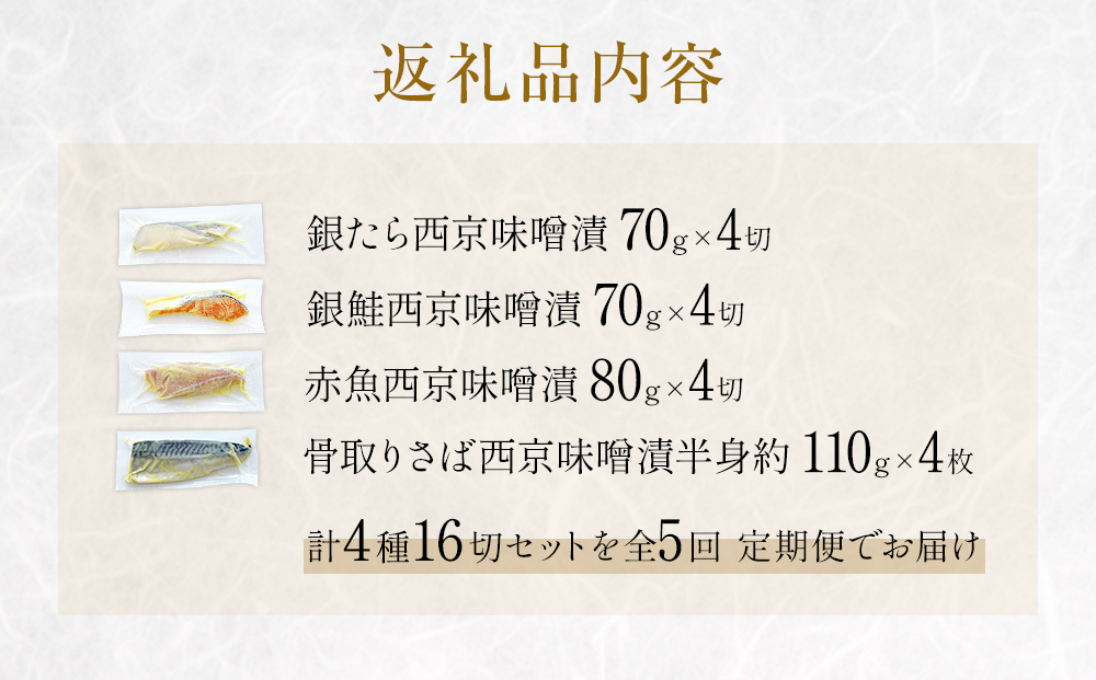 定期便 全5回 老舗の西京漬け詰め合わせ（ 銀たら・銀鮭・