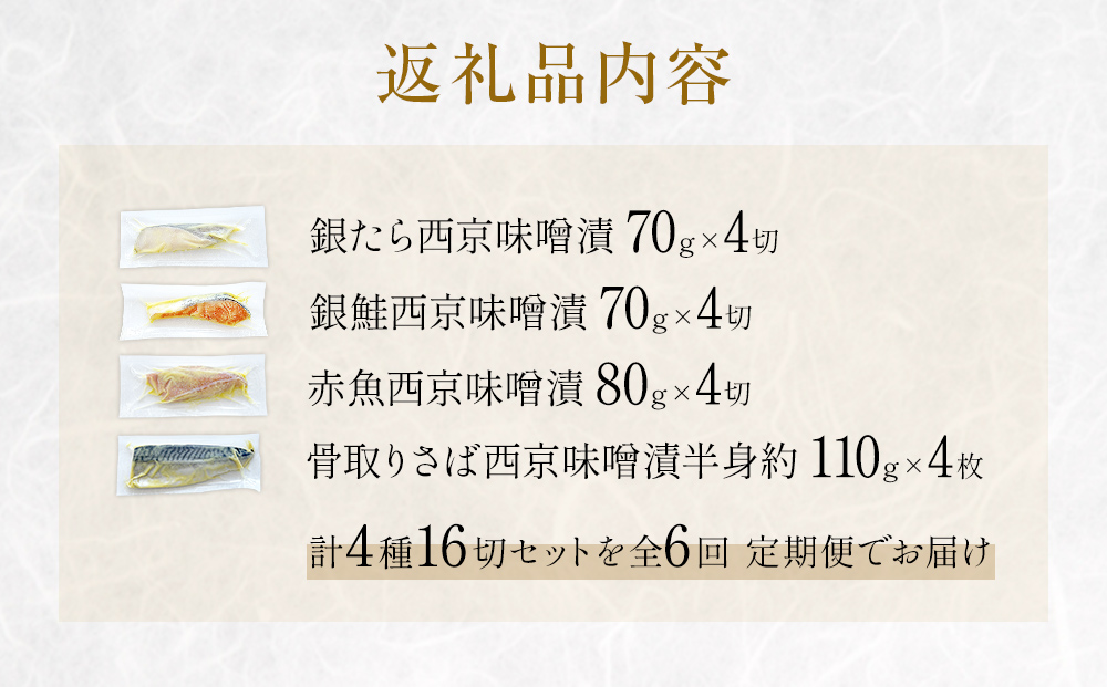 定期便 全6回 老舗の西京漬け詰め合わせ（ 銀たら・銀鮭・