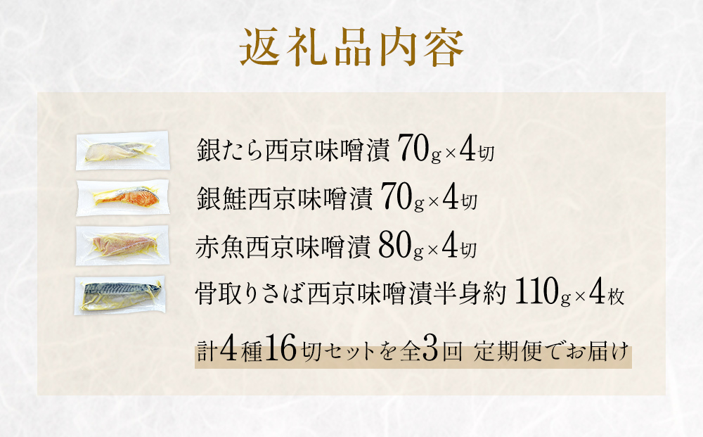 定期便 全3回 老舗の西京漬け詰め合わせ（ 銀たら・銀鮭・