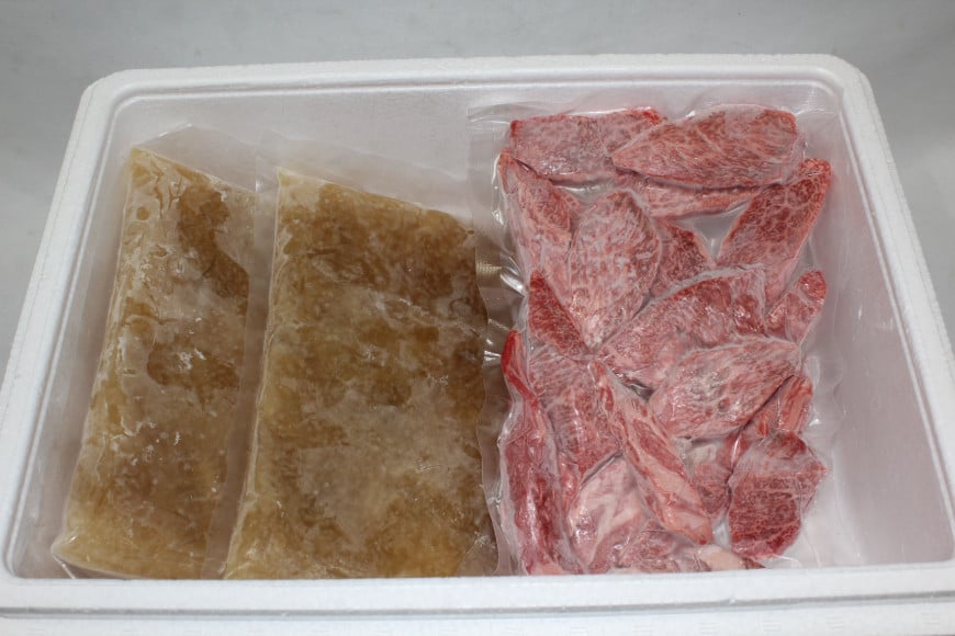 ガンコおやじの欲張りセット 約1kg (黒毛和牛切り落とし 約250g ×1p & ふかひれスープ 約350g ×2p) [マトン牧場 宮城県 気仙沼市 20565954] 肉 精肉 仙台牛 黒毛和牛 焼肉用 焼肉 不揃い わけあり 小分け 冷凍 ふかひれ 鱶鰭 フカヒレ スープ ふかひれスープ セット 詰め合わせ