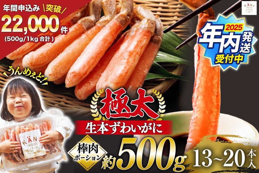 【2025 年内配送】 極太 生本ずわい かに 棒肉ポーション 約500g 13本～20本入り [カネダイ 宮城県 気仙沼市 20564334] 年末