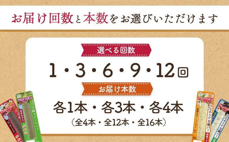 【定期便：9回】【たんぱく質】なめらか豆腐バー「モットーフ」全１２本（４種×各３本）【53020】 【定期便：9回】全12本（４種×各３本）