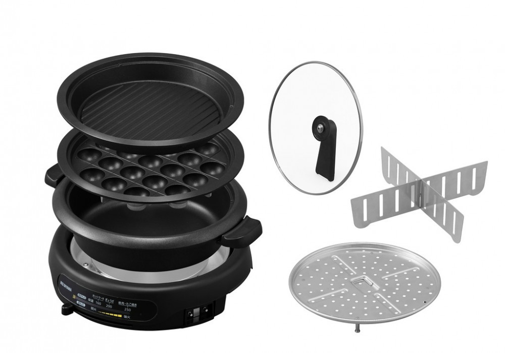 グリル鍋 3枚 プレート 溝付 深鍋 たこ焼き アイリスオーヤマ 家電 キッチン家電 電化製品 蒸し板付き IGU-B3-B ブラック