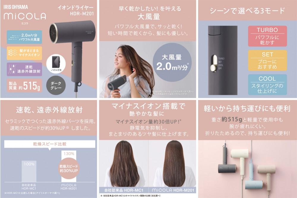 ドライヤー イオンドライヤー MiCOLA ミコラ アイリスオーヤマ ダークグレー マイナスイオン 大風量 遠赤外線 軽量 コンパクト 折りたたみ 折り畳み 冷風 収納 ヘアケア ブロー ヘアドライヤー おすすめ 人気 アイリス HDR-M201-H