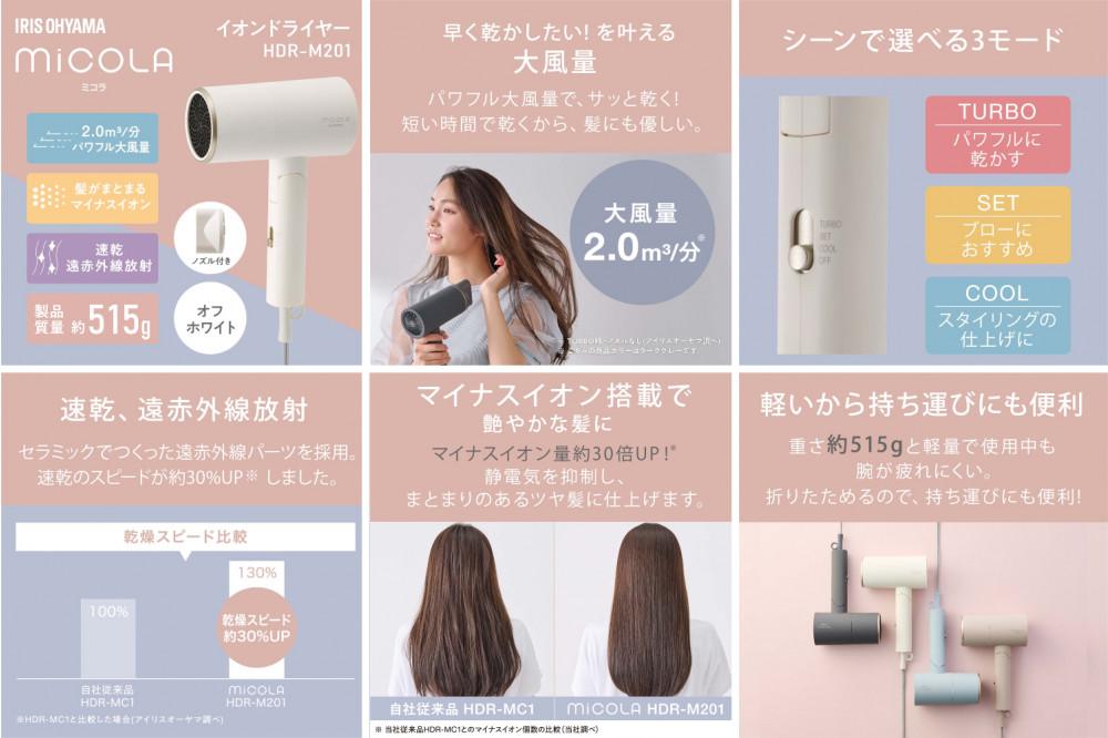 ドライヤー MiCOLA （ミコラ）イオンドライヤー アイリスオーヤマ 軽量 マイナスイオン 大風量 ヘアケア ダメージケアモデル 遠赤外線 花粉対策 イオン 収納 家電 美容家電 電化製品 3モード コンパクト HDR-M20１-W オフホワイト