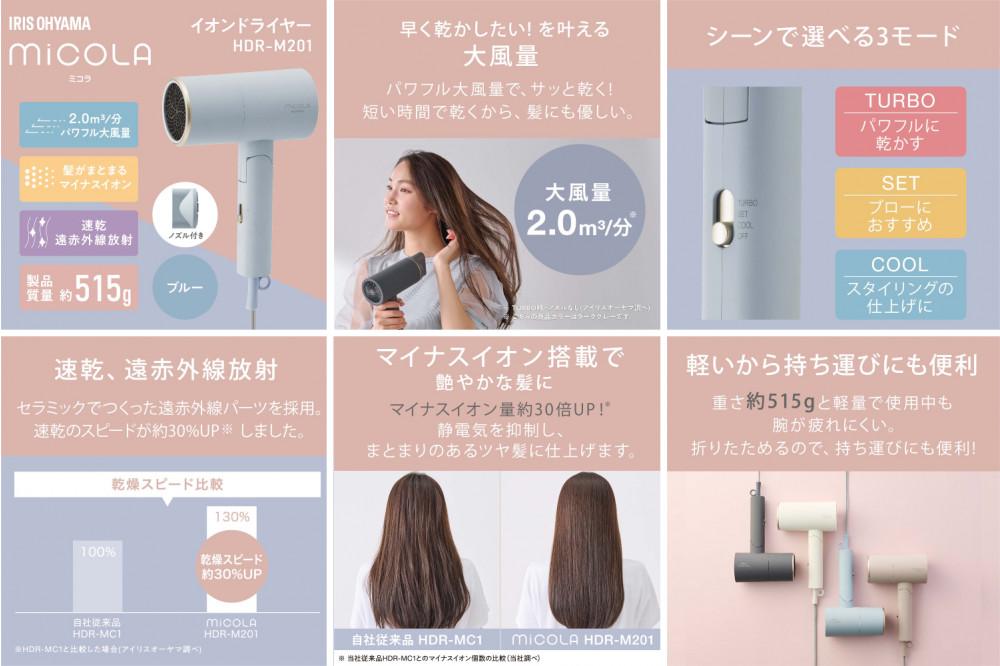 ドライヤー MiCOLA （ミコラ）イオンドライヤー アイリスオーヤマ 軽量 マイナスイオン 大風量 ヘアケア ダメージケアモデル 遠赤外線 花粉対策 イオン 収納 家電 美容家電 電化製品 3モード コンパクト HDR-M201-A ブルー