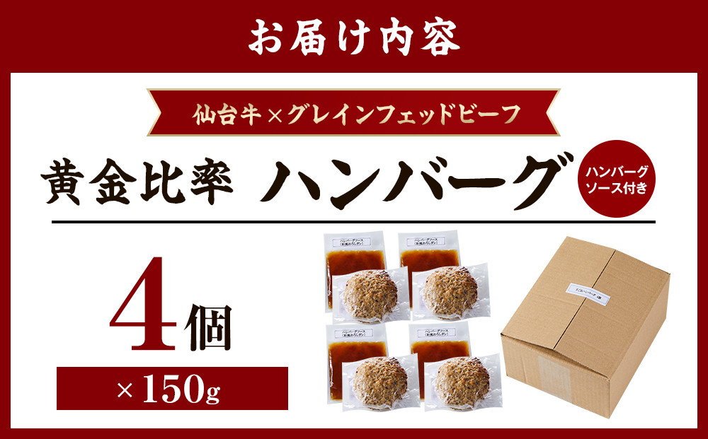 仙台牛×グレインフェッドビーフ　黄金比率ハンバーグ　150g４個セット　ハンバーグソース付き