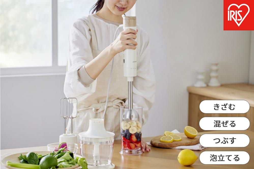 ブレンダー ハンドブレンダー アイリスオーヤマ ホワイト 離乳食 スムージー ハンドミキサー ジューサー 出産祝い プレゼント おしゃれ 時短調理 ホイッパー チョッパー まぜる つぶす きざむ 調理器具 おすすめ 人気 アイリス IHB-M301