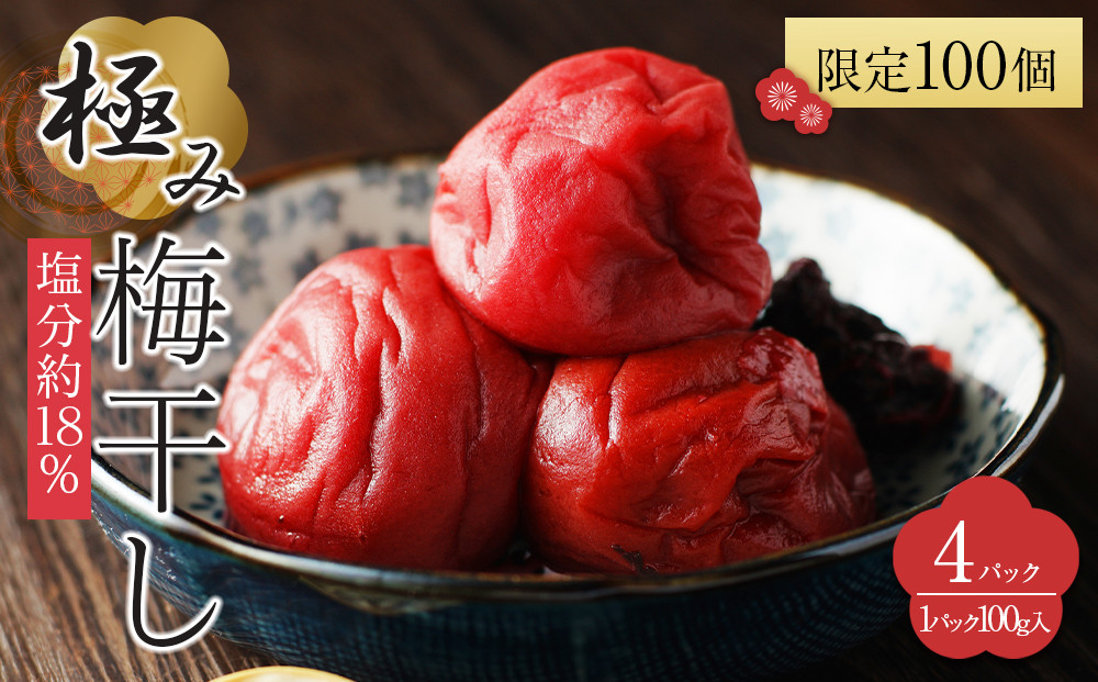 【2026年1月下旬より発送】極み梅干し 塩分約18％ 100ｇ 4パック入り 限定100個
