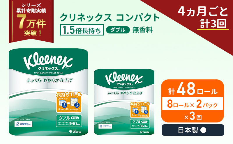 クリネックス コンパクト 無香料 ダブル 1.5 倍巻き 8ロール入×2パック 定期便 トイレットペーパー トイレット