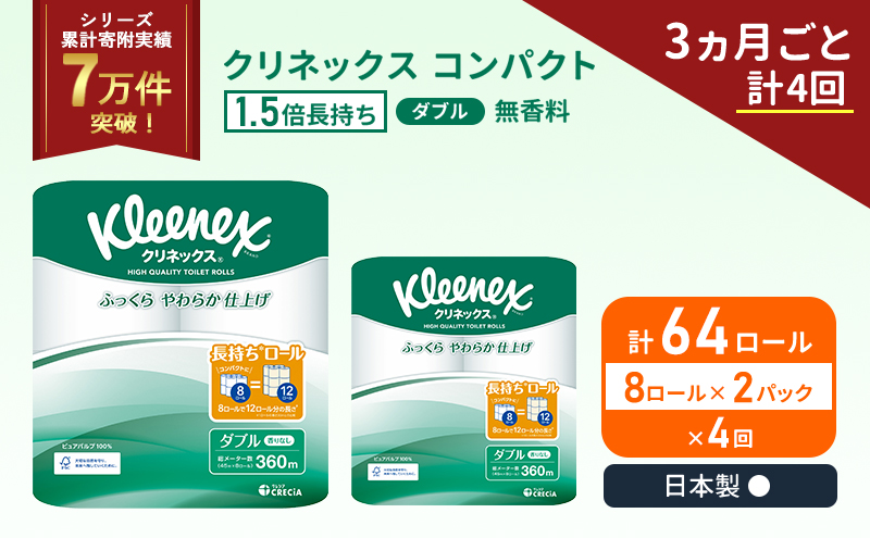 クリネックス コンパクト 無香料 ダブル 1.5 倍巻き 8ロール入×2パック 定期便 トイレットペーパー トイレット