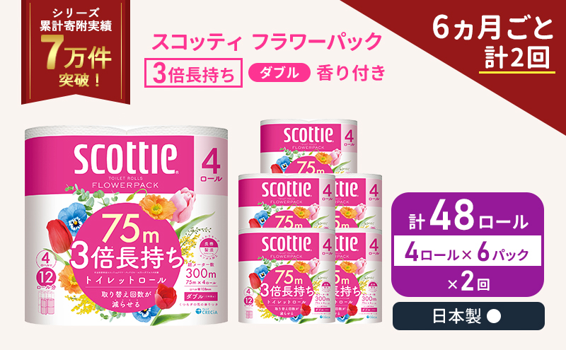 スコッティ フラワーパック 香り付き ダブル 3倍 長持ち 4ロール入×6パック 《6ヶ月ごと計2回》 定期便 トイレットペーパー トイレット