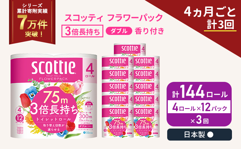 定期便 トイレットペーパー ダブル スコッティ 3倍長持ち 4ロール入 × 12パック フラワーパック 香り付き 《 4ヶ月ごと 計  3回 》