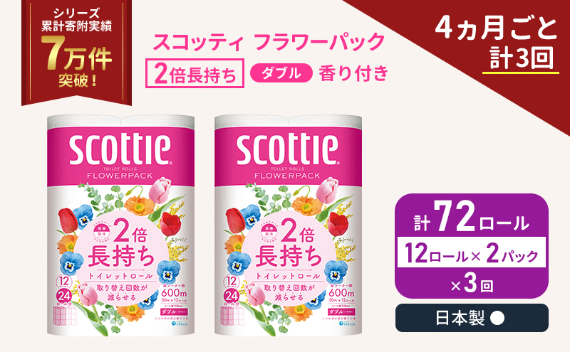 スコッティ フラワーパック 香り付き ダブル 2倍長持ち 72ロール (12ロール×2パック)《4ヶ月ごと計3回》 定期便 トイレットペーパー