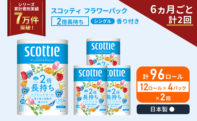 スコッティ フラワーパック 香り付き シングル 2倍長持ち 96ロール (12ロール×4パック)《6ヶ月ごと計2 回》 定期便 トイレットペーパー