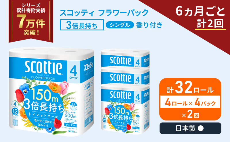 スコッティ フラワーパック 香り付き シングル 3倍長持ち 32ロール (4ロール×4パック)[6ヶ月ごと計2回] 定期便 トイレットペーパー
