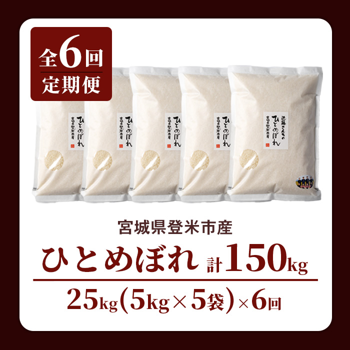 【6回定期便】≪令和7年産≫ ひとめぼれ 精米 計150kg(25kg×6回) 宮城県登米市産 お米 おこめ 米 コメ 白米 ご飯 ごはん おにぎり お弁当 【株式会社近藤農産】tm501
