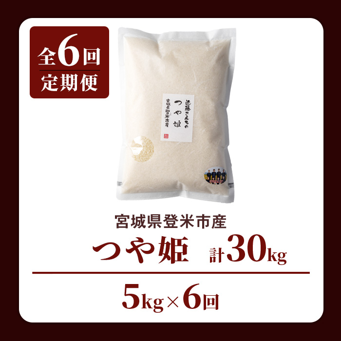 【6回定期便】≪令和7年産≫ つや姫 精米 計30kg(5kg×6回) 宮城県登米市産 お米 おこめ 米 コメ 白米 ご飯 ごはん おにぎり お弁当 6か月 頒布会【株式会社近藤農産】tm503