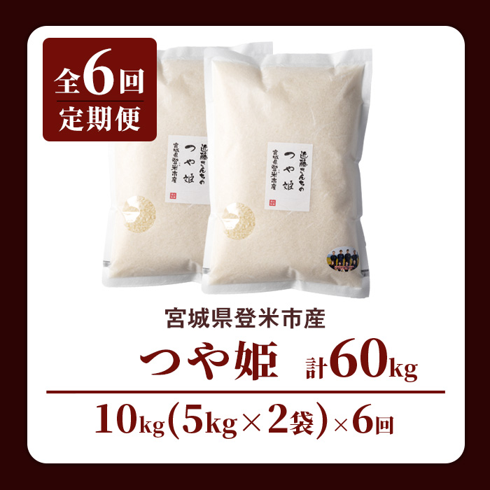 【6回定期便】≪令和7年産≫ つや姫 精米 計60kg(10kg×6回) 宮城県登米市産 お米 おこめ 米 コメ 白米 ご飯 ごはん おにぎり お弁当 6か月 頒布会【株式会社近藤農産】tm504