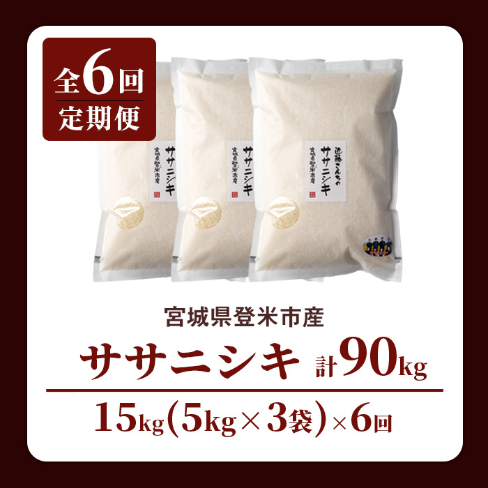 【6回定期便】≪令和7年産≫ ササニシキ 精米 計90kg(15kg×6回) 宮城県登米市産 お米 おこめ 米 コメ 白米 ご飯 ごはん おにぎり お弁当 6か月 頒布会【株式会社近藤農産】tm511