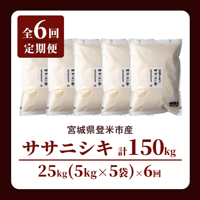 【6回定期便】≪令和7年産≫ ササニシキ 精米 計150kg(25kg×6回) 宮城県登米市産 お米 おこめ 米 コメ 白米 ご飯 ごはん おにぎり お弁当 6か月 頒布会【株式会社近藤農産】tm513