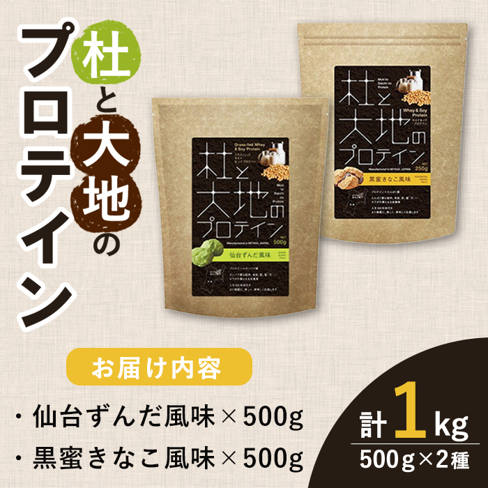 杜と大地のプロテイン 2種セット (2種×各500g) ＜仙台ずんだ風味・黒蜜きなこ風味＞ トレーニング 筋トレ タンパク質 常温 水分補給 ドリンク ジム 国内製造 加工食品 【UGOQ株式会社】 tm333