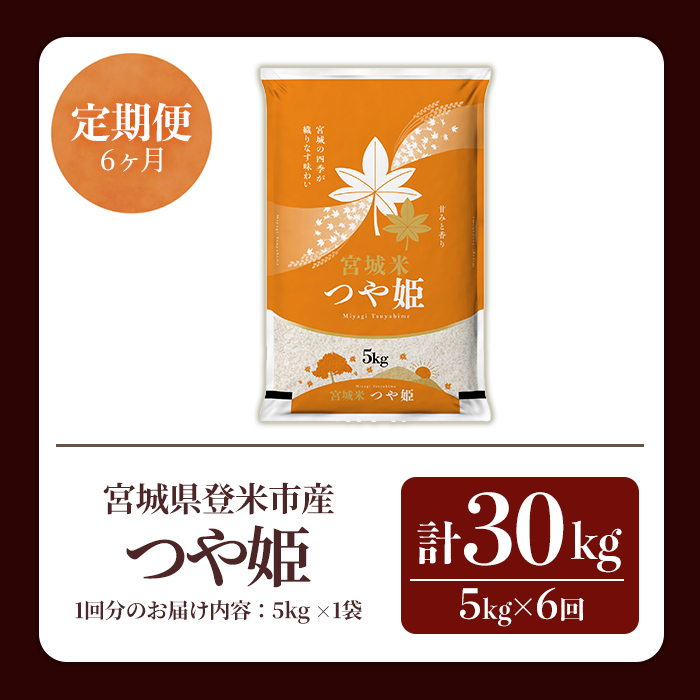 ≪令和7年産≫【6回定期便】つや姫 計30kg (5kg×6回配送) 登米市産 お米 おこめ 米 コメ 白米 ご飯 ごはん おにぎり お弁当 6か月 頒布会【登米ライスサービス株式会社】tm458