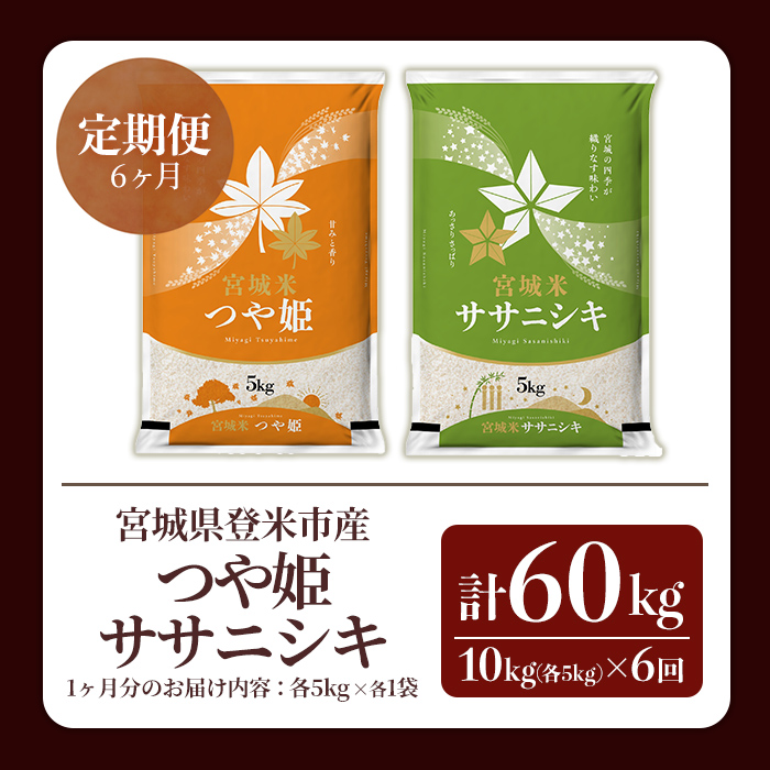 ≪令和7年産≫【6回定期便】ササニシキ・つや姫 計60kg (各5kg×6回配送) 登米市産 お米 おこめ 米 コメ 白米 ご飯 ごはん おにぎり お弁当 6か月 頒布会【登米ライスサービス株式会社】tm462