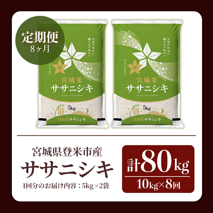 ≪令和7年産≫【8回定期便】ササニシキ 計80kg (10kg×8回配送) 登米市産 お米 おこめ 米 コメ 白米 ご飯 ごはん おにぎり お弁当 8か月 頒布会【登米ライスサービス株式会社】tm487