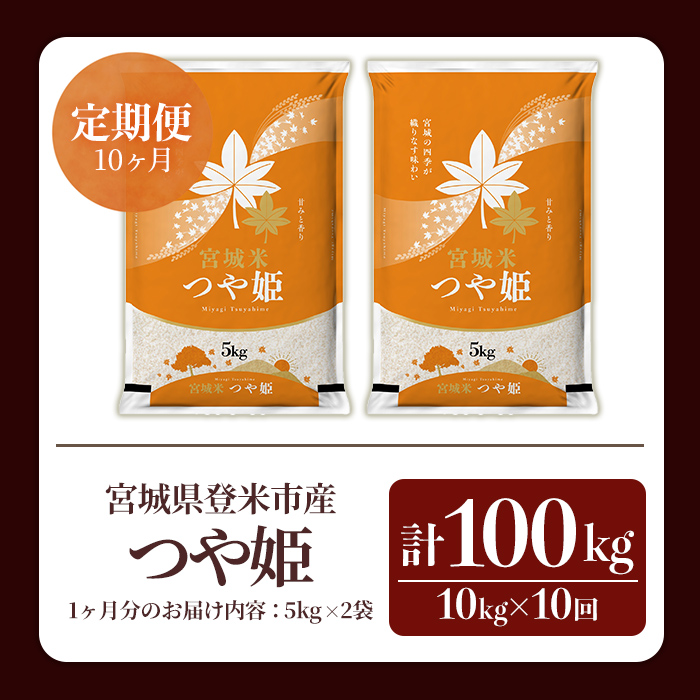 ≪令和7年産≫【10回定期便】つや姫 計100kg(10kg×10回配送) 登米市産 お米 おこめ 米 コメ 白米 ご飯 ごはん おにぎり お弁当 10か月 頒布会【登米ライスサービス株式会社】tm492