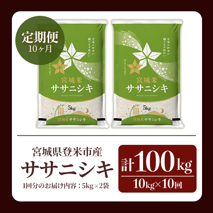 ≪令和7年産≫【10回定期便】ササニシキ 計100kg (10kg×10回配送) 登米市産 お米 おこめ 米 コメ 白米 ご飯 ごはん おにぎり お弁当 10か月 頒布会【登米ライスサービス株式会社】tm494